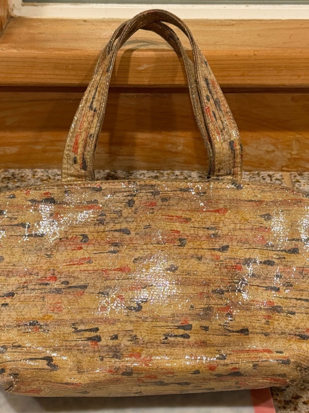 Vintage 1980-1990 J Renee Cork Print Vinyl Coated Handbag Purse